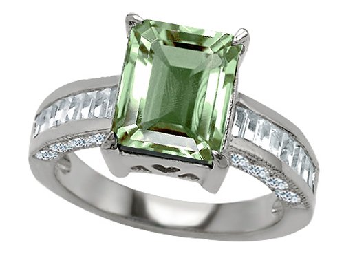 3.80 cttw 925 Sterling Silver 14K White Gold Plated Genuine Emerald Cut Green Amethyst Engagement Ring - gold-plated
