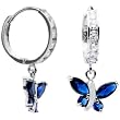 14K White Gold Sapphire Blue CZ Butterfly Huggy Earrings