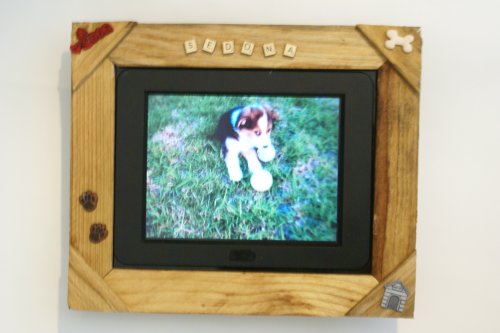 Voclan Digital Photo Frame 8LCD by SHARP.Includes rustic wood frame with pets name in whimsical scrabble like letters and doggy accents.The ONLY ONE that fits most 8x10 picture frames for future decor changes.Play MP3 Video in stereo