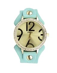 Gold Geneva Watch with Colored Leather Snap On Band and Rhinestones Mint