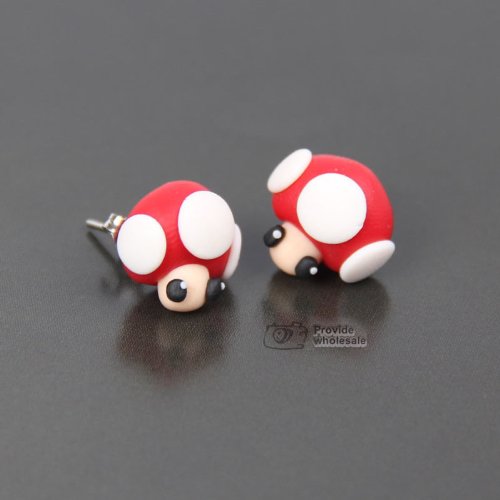 1 X Handcrafted Polymer Clay Super Mario Mushroom Toad Kinopio Earrings
