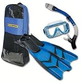 US Divers Cortez Deluxe Wide Snorkeling Set: Cortez LX mask, Total Dry snorkel, Hydrosplit adjustable fins, Tote bag