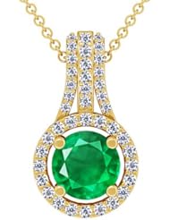 14K Yellow Gold Round Cut Emerald And Round Diamond Pendant (GIA Certificate)