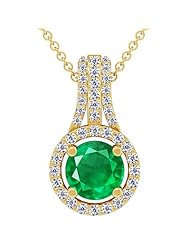 18K Yellow Gold Round Cut Emerald And Round Diamond Pendant (GIA Certificate)