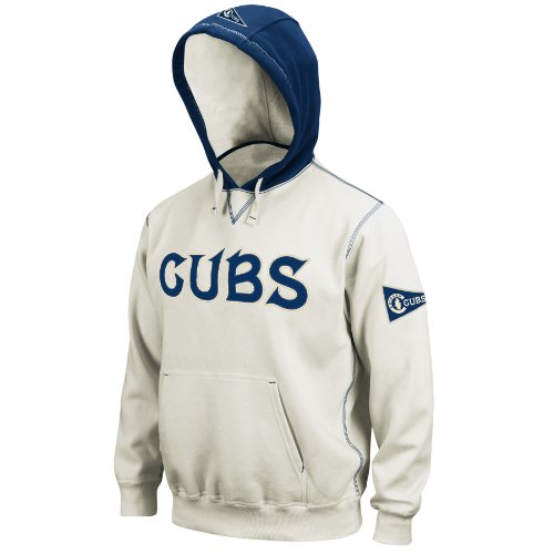 MLB Chicago Cubs 1907-10 Cooperstown Adult Long Sleeve Hooded Fleece Pull Over (Scoured Natural/Athletic Navy, Large)