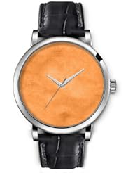 SPRAWL Aanalog Fashion Series Silver Ladies Watches of Genuine Black Leather Strap,Unique Wrist Watch for Women Girls Designed with Newspaper orange background