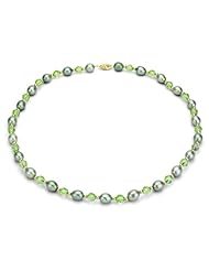 14k Yellow Gold 7-8mm Green Freshwater Pearl with Green Swarovsky Crystal and 3-4mm Gold Beads Necklace 17" Length.