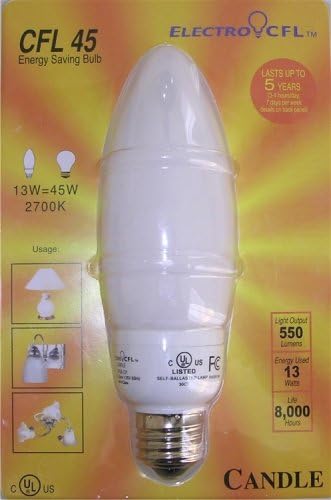 ElectroCFL Candle Shape CFL45 Energy Saving Light (Uses 13W = 45W Output) - 6 Pack