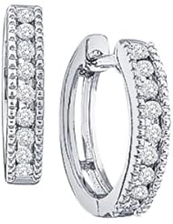 14k Yellow OR White Gold Round Cut Diamond Hoop Huggie Milgrain Style Earrings - 14mm Height * 3mm Width (1/4 cttw)