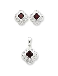 Sterling Silver Red Cz Earrings And Pendant Set