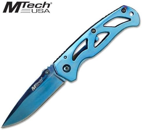 M Tech Top of the Line Frame Lock Unique Blue Ti-treadted Finish Blade, Blue Ti-finish 440 Stainless Steel, Frame Lock Closed Length:3-1/2", Blade Length 2-3/4" Stainless Steel Handles, Metal Clip on Back