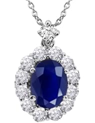 2.27 Ct 8x6mm Oval Natural Sapphire & Diamonds 14K White Gold Pendant 18" Chain