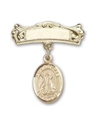 14K Gold Baby Badge with St. Bridget of Sweden Charm and Arched Polished Badge Pin