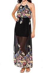 Halter Floral Print Sheer   Thigh Length Maxi Dress  With Rhinestones and Pearls