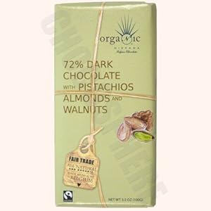 NIRVANA ORGANIC 72% DARK CHOCOLATE BAR WITH PISTACHIOS, ALMONDS & WALNUTS