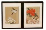 Bird and Flowers, Hand Painted on Silk, Mounted on Paper - Framed Sumi-e Art, Set of 2
