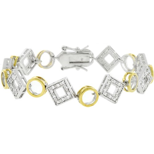 White Gold Rhodium and 14k Gold Bonded 7in Link Bracelet with Round Cut White CZ Accents in a Channel setting and a Lock Clasp in Two Tone