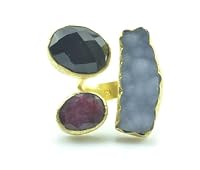 Hand Made Triple Stone Ring - Gold Plated with Fabulous Gems