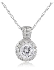 Platinum Plated Sterling Silver "100 Facets Collection" Round Cubic Zirconia Antique-Style Pendant Necklace