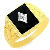 10K Yellow Gold Men's Treated Black Onyx with Diamond Accented Center Ring Size - 10.5