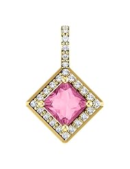 14K Yellow Gold 5.00x5.00mm Princess Cut Pink Sapphire and Diamond Pendant