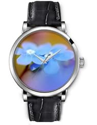 SPRAWL Aanalog Fashion Series Silver Ladies Watches of Genuine Black Leather Strap,Unique Wrist Watch for Women Girls Designed with blue Flower