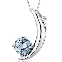 Crescent Moon Design 1.00 carats Round Checkerboard Cut Sterling Silver Rhodium Finish Aquamarine Pendant