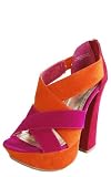 Nanette08 Crisscross Colorblock Retro Heels FUCHSIA