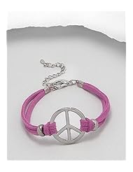 Deep Pink Peace Symbol Artificial Suede Leather Bracelet In White Base