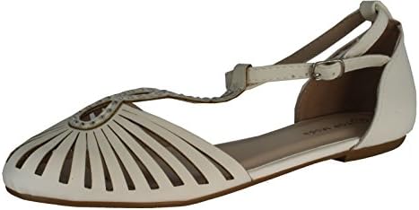 Top Moda Womens End-33 T-Strap Almond Toe Flat Sandals,White,6.5