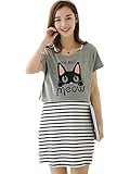 【TPGROWIN】 マタニティ ウェア 授乳服 ワンピース 2枚セット 授乳口付き ボーダー カジュアル 猫柄 出産 外出着 妊婦服 授乳 楽ちん 全3色 (L, グレー)