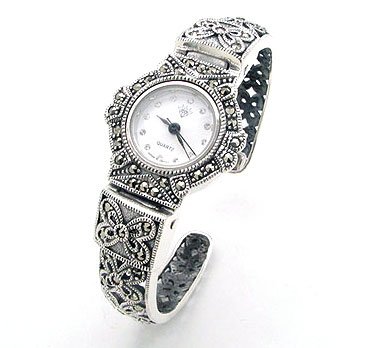 Vintage Deco Style Genuine Marcasite Set Hinged Sterling Silver Cuff Watch Bracelet