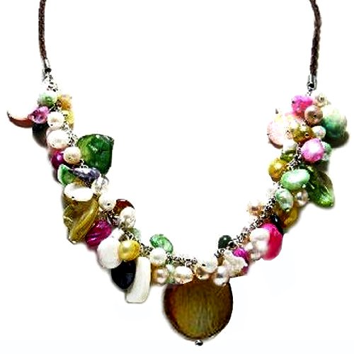 CandyGem 19 Inch Brown Leather Cord Necklace, with Genuine Multicolor Mixed Freshwater Pearls, Mother of Pearl and Carved Shells, from Nicolette Berman\'s Love of Nature Collection.