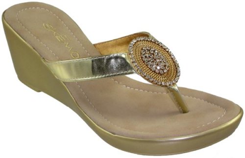 Skemo Blingis Women's Gold Silver Wedge Thong Sandals