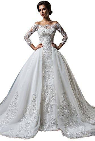 MissProm Women's Lace Mermaid Wedding Dress Plus Size With Detachable Train (12, Ivory)