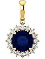 14K Yellow Gold 8.00mm Round Cut Chatham Created Sapphire and Diamond Pendant -- LIFETIME WARRANTY
