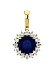 10K Yellow Gold 8.00mm Round Cut Chatham Created Sapphire and Diamond Pendant -- LIFETIME WARRANTY