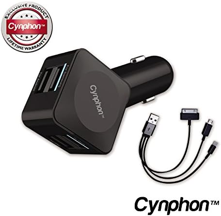 Car Phone Charger (4-Port) for the iPhone 6, 5, 5c, 5s, 4, iPad, iPod, Samsung Galaxy S3, S4 - USB Charger Cable Included - 100 % Lifetime Warranty - Cynphon JumpStart JS-5000