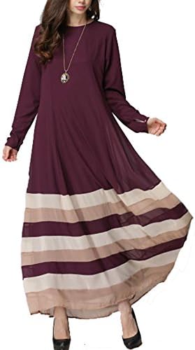 Heart1st Women Vintage Striped Kaftan Abaya Jilbab Maxi Dress (M, BROWN)