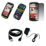 IMAGE OF EMPIRE Black with Multi Color Zebra Stripes Design Hard Case Cover + Screen Protector + Home Wall Charger + USB Data Cable for T-Mobile Motorola CLIQ 2