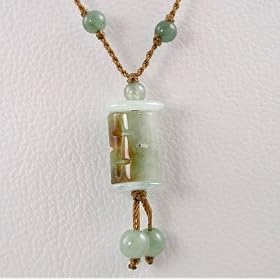 http://religiousjewelry.wordpress.com - Jade Prayer Wheel Necklace on Mustard Green Cord