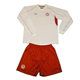 Boys Umbro red and white Olympiacos soccer jersey set. Very high quality polyester football jersey shirt and shorts with embroidered designs on the front of the top and bottom. Great sports fan gear for the Greek team's supporter.