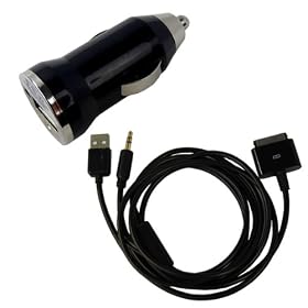 Black Compact Car Socket Universal USB Mini Car Charger Adapter + USB 3.5mm JACK Car AUX Audio/Charger/sync Connector for iPod, iPhone 2G/3G/3GS/4G