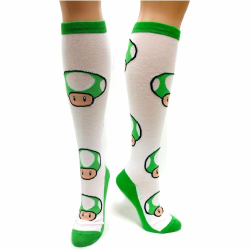 Nintendo Green Mushroom Juniors White Knee High 