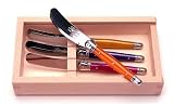Multi color handles wood box Laguiole French 4 Cheese or butter spreaders in gift wood box or cardboard box