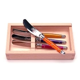 Multi color handles wood box Laguiole French 4 Cheese or butter spreaders in gift wood box... by Laguiole