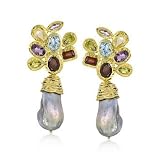Gray Baroque Pearl, 13.10ct t.w. Multi-Gemstone Earrings In Vermeil