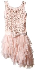 Girls Dropped   Waistline Charmeuse/Polyester Tiered Asymmetric  Sequined General Print  Dress With a Bow(s)