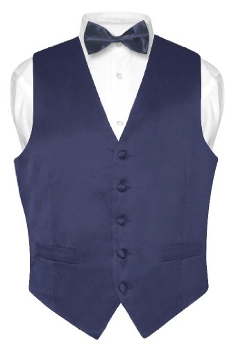 Biagio Men's Solid NAVY BLUE SILK Dress Vest Bow Tie Set for Suit or Tuxedo