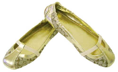 COACH VERRA SIGNATURE KHAKI GOLD BALLET FLAT SHOES NEW